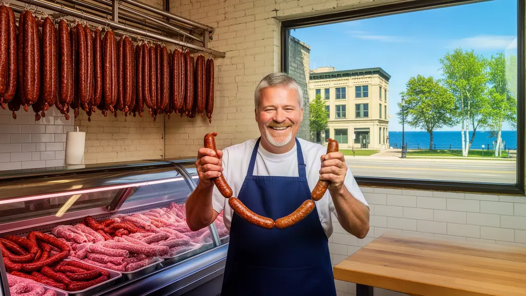 Smiling butcher holding up a rope of fresh bratwurst in a meat market with smoked sausages hanging behind